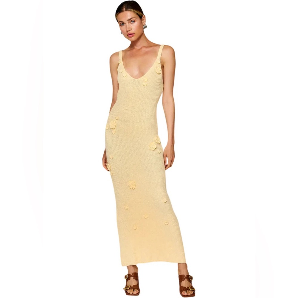 Line & Dot Lara Light Butter Yellow Maxi Dress with knit flowers‎
